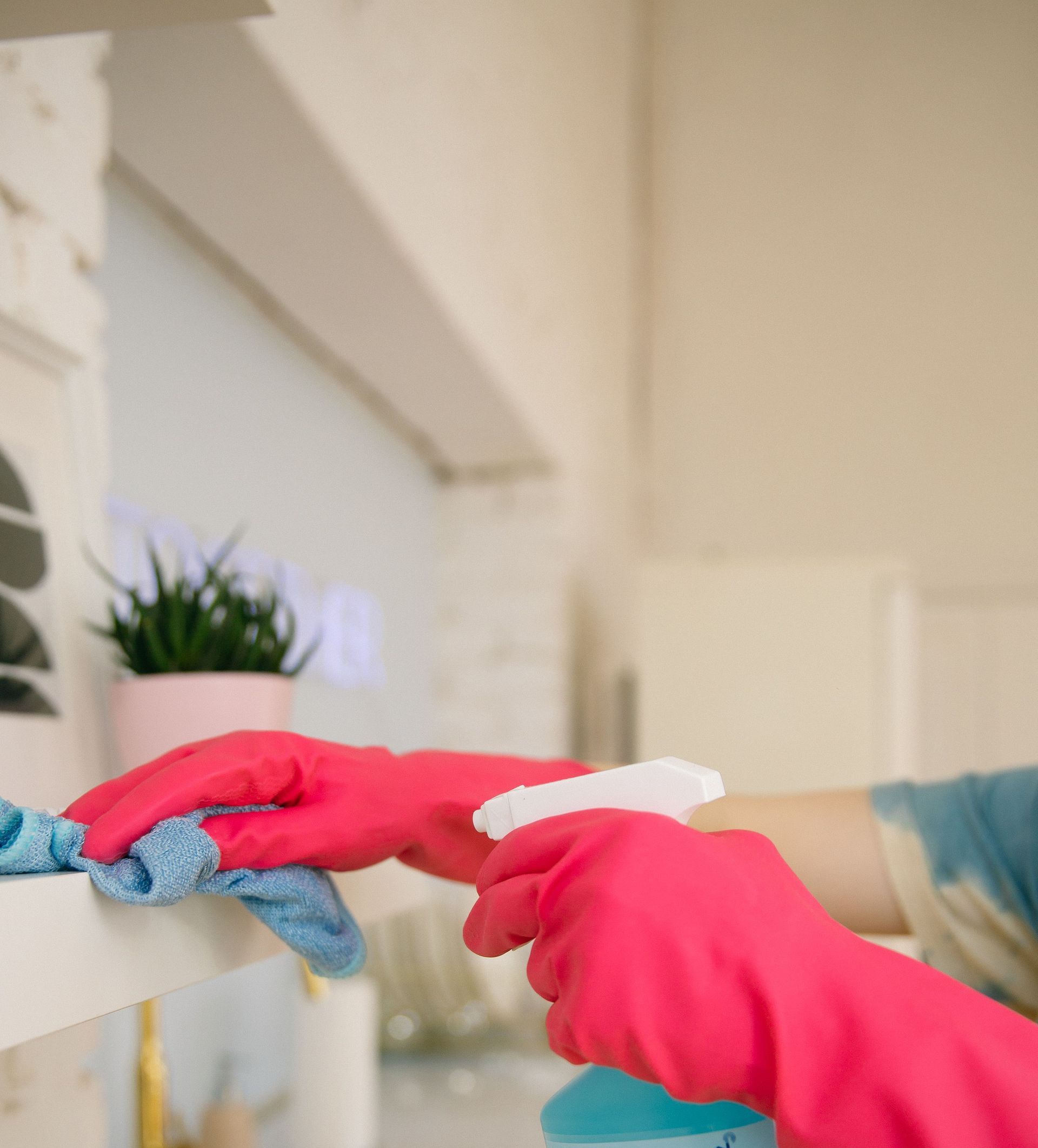 Person using spray bottle and cloth for cleaning a kitchen shelf, ensuring hygiene and cleanliness.